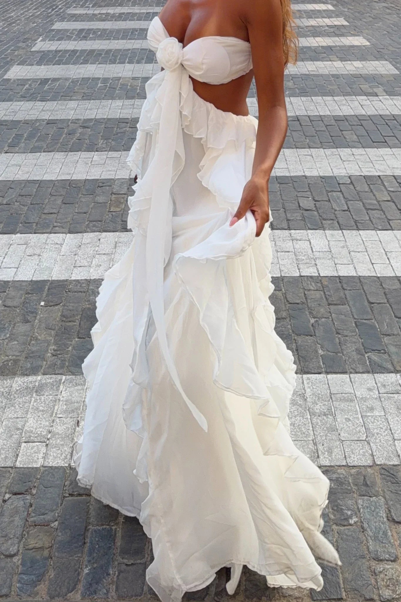 Santiago Cut-Out Ruffle Maxi Dress White