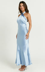 Rhianne Midi Dress - Twist Halter Neck Open Back Satin Dress in Light Blue